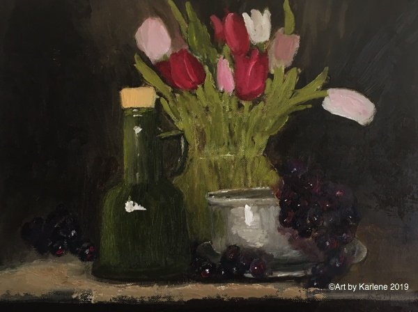 Sm olive jug sad tulips | art by karlene