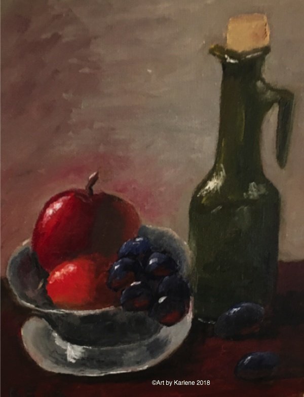 Sm olive oil jug grapes | art by karlene