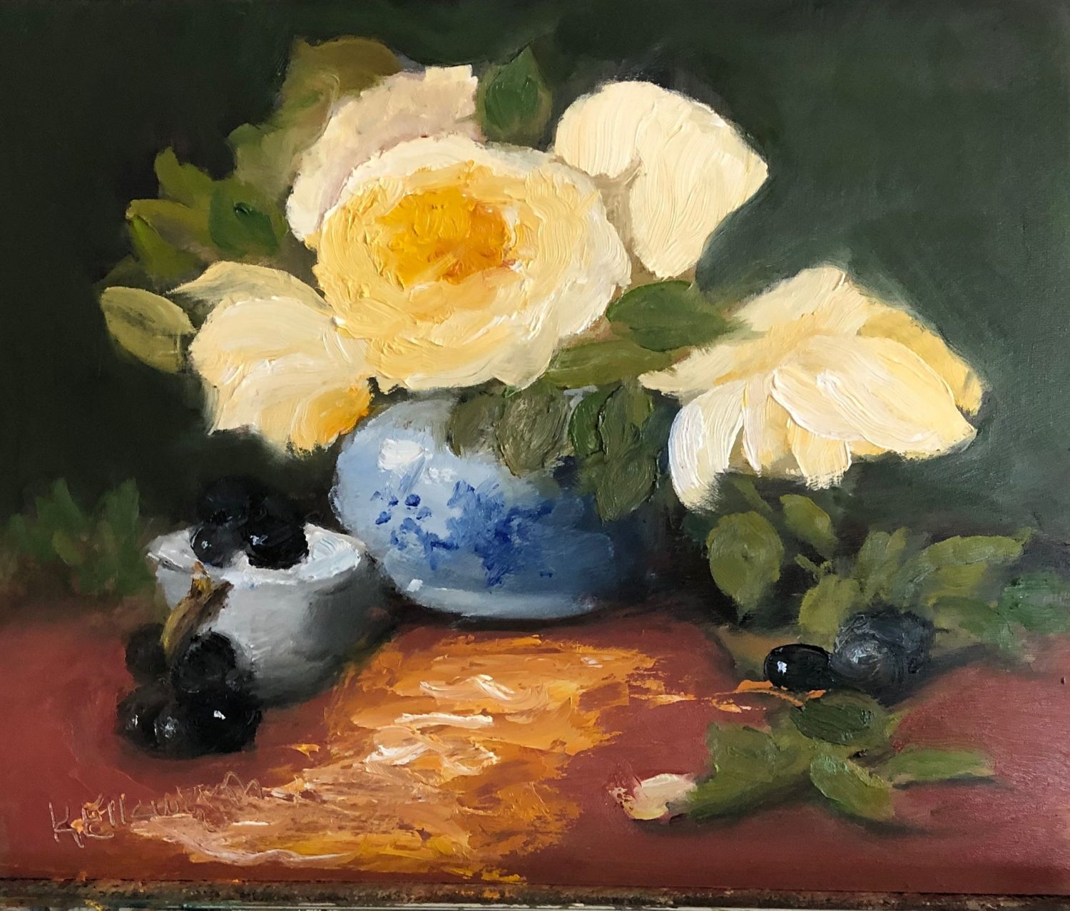 2021A07 Yellow Roses in Blue Vase